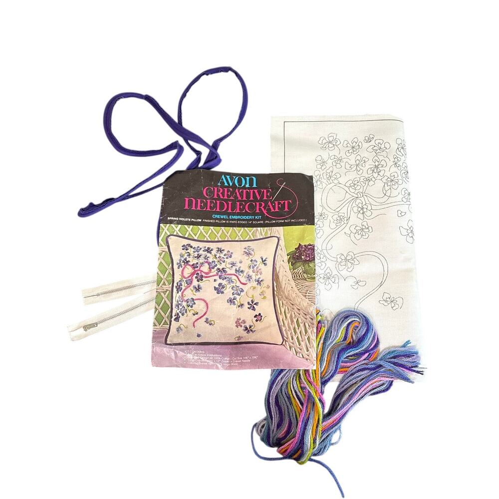 Avon Crewel Pillow Needlecraft set out of bag- includes all items Spring Violets